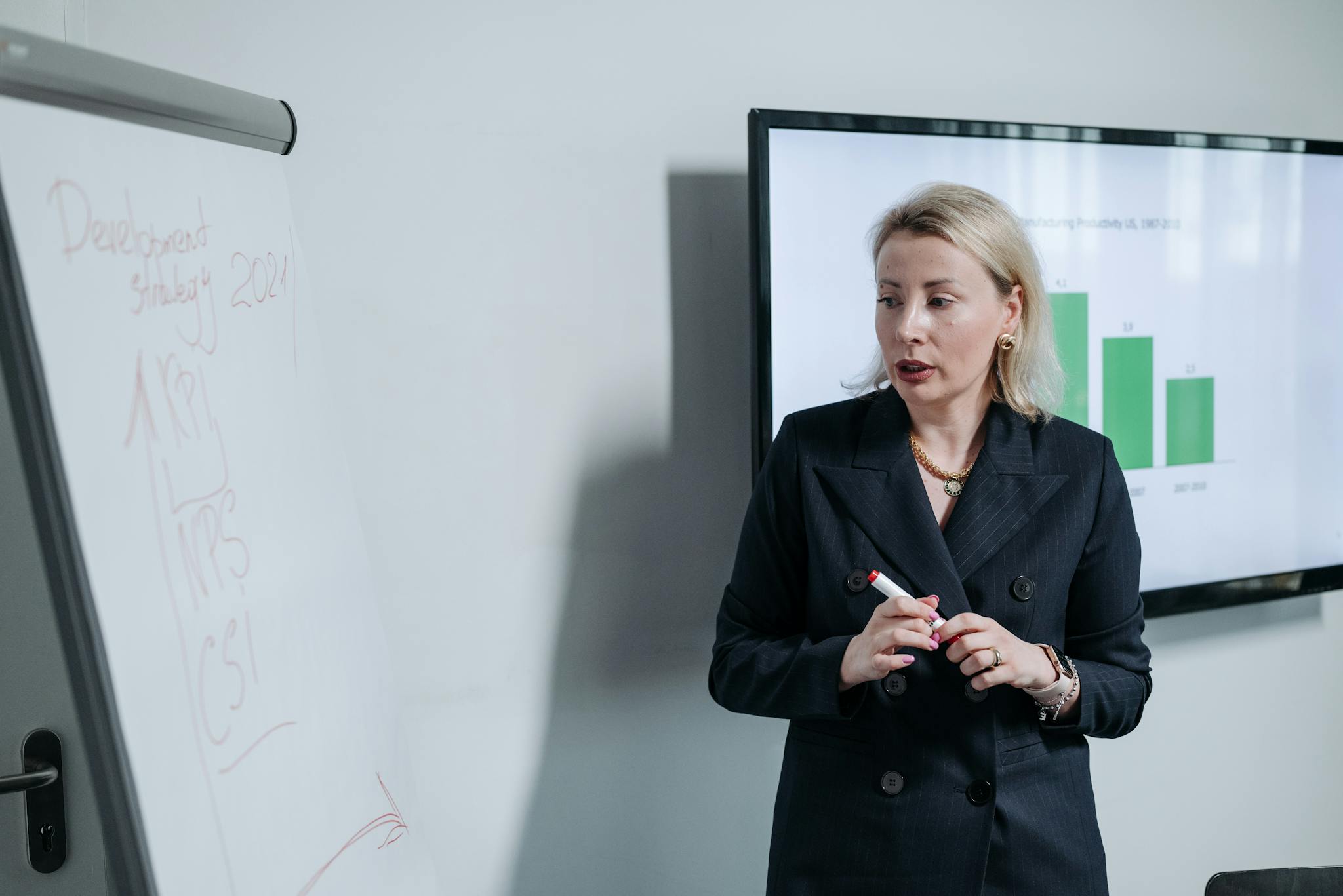 A professional businesswoman presenting a development strategy using charts and graphs in an office setting.